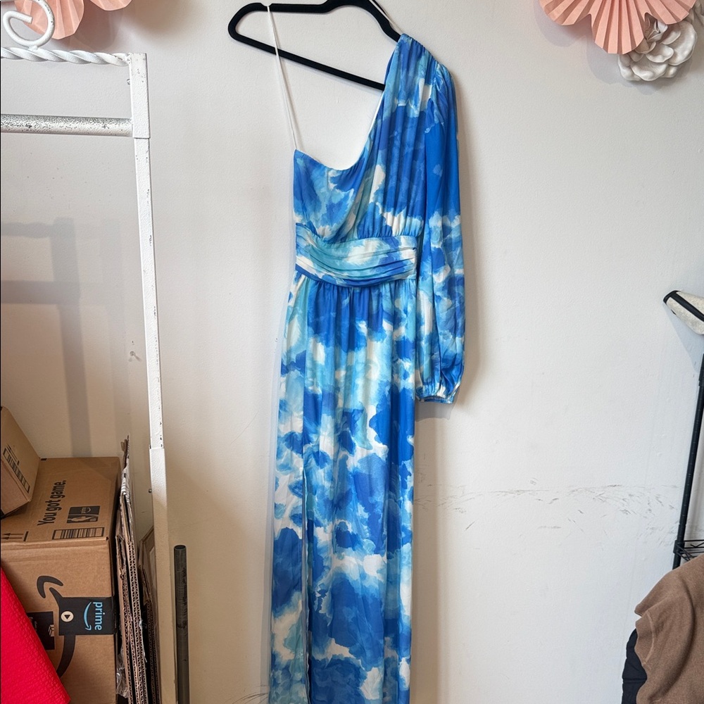 Flying tomato One-Shoulder Blue Cloud Print Maxi Dress small